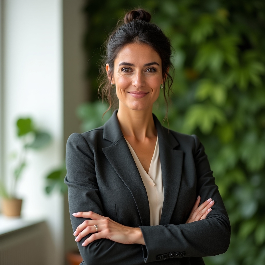 Portrait of a woman in her late forties with dark hair, wearing a tailored blazer, standing confidently in a sustainable office with a living wall