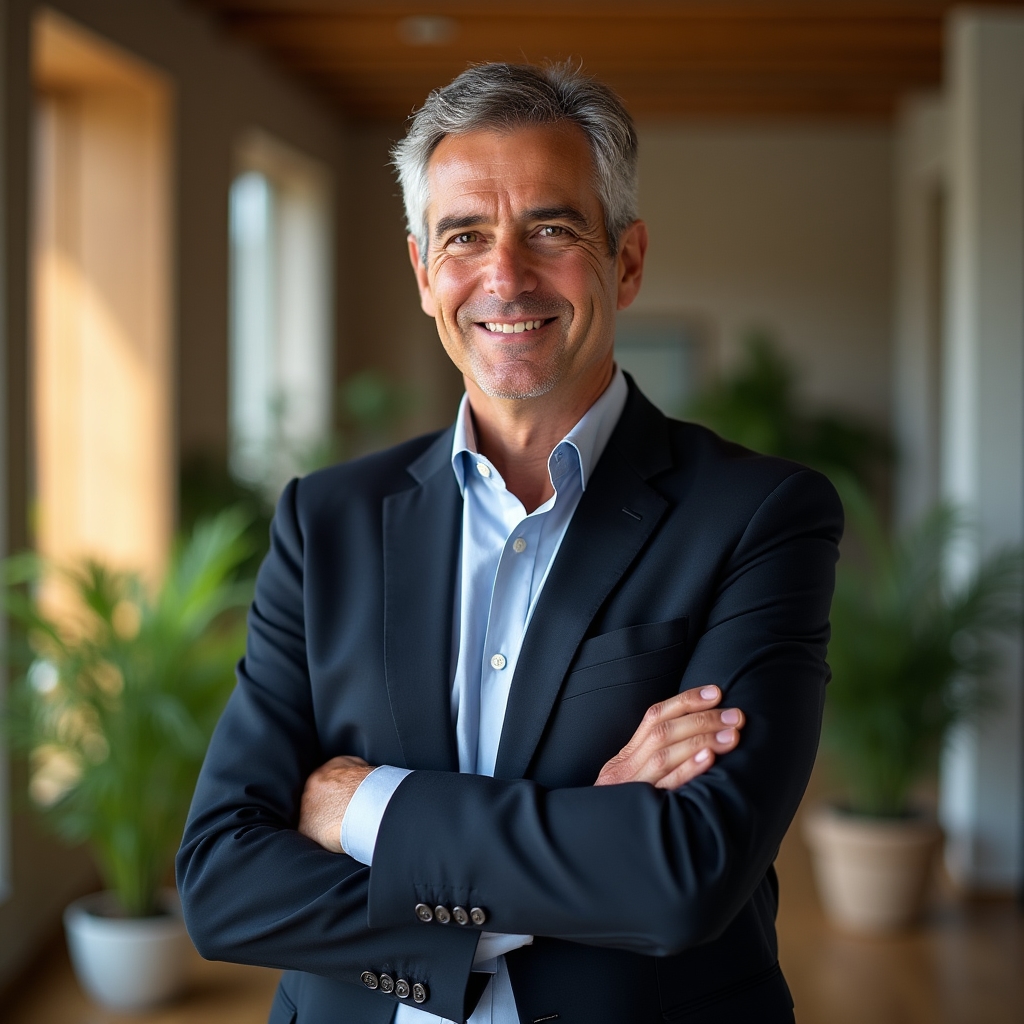 Portrait of a man in his mid-forties with short greying hair, wearing a dark suit jacket, standing with arms crossed in a bright eco-conscious office