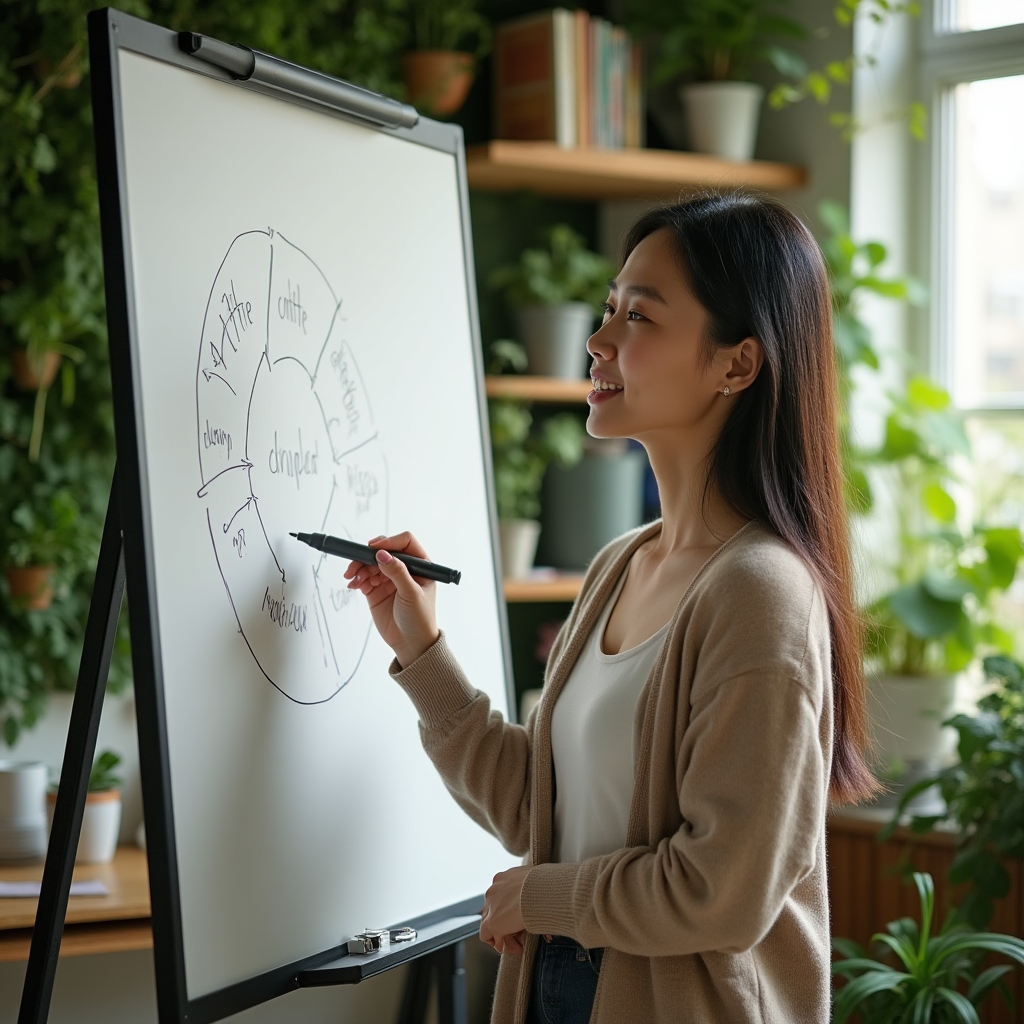 Diagram-style photo of a person sketching a habit loop with arrows on a whiteboard in a plant-filled study room