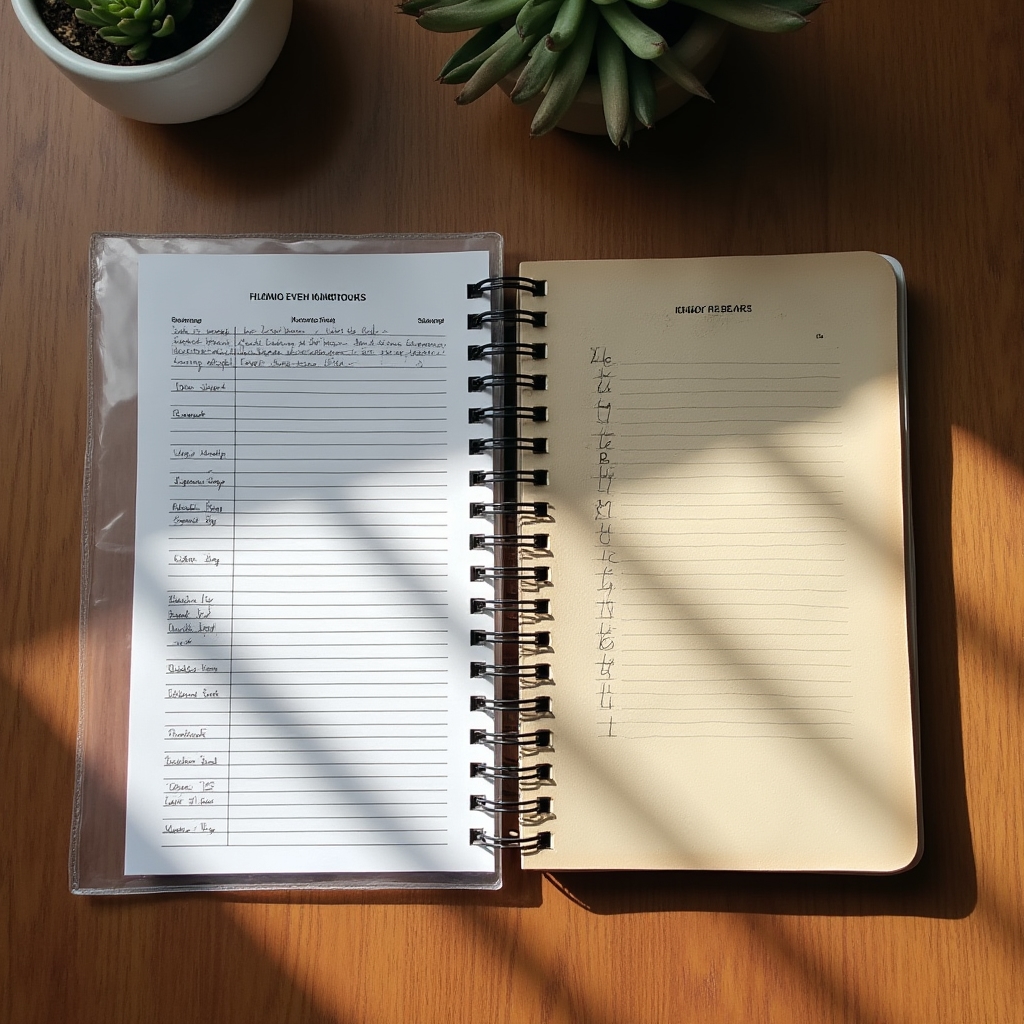 Split scene showing an untouched, folded workout schedule on one side and a worn, handwritten training notebook on the other