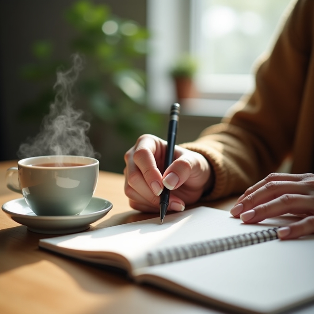 Close-up of a hand writing brief weekly notes in a simple paper training journal next to a cup of tea