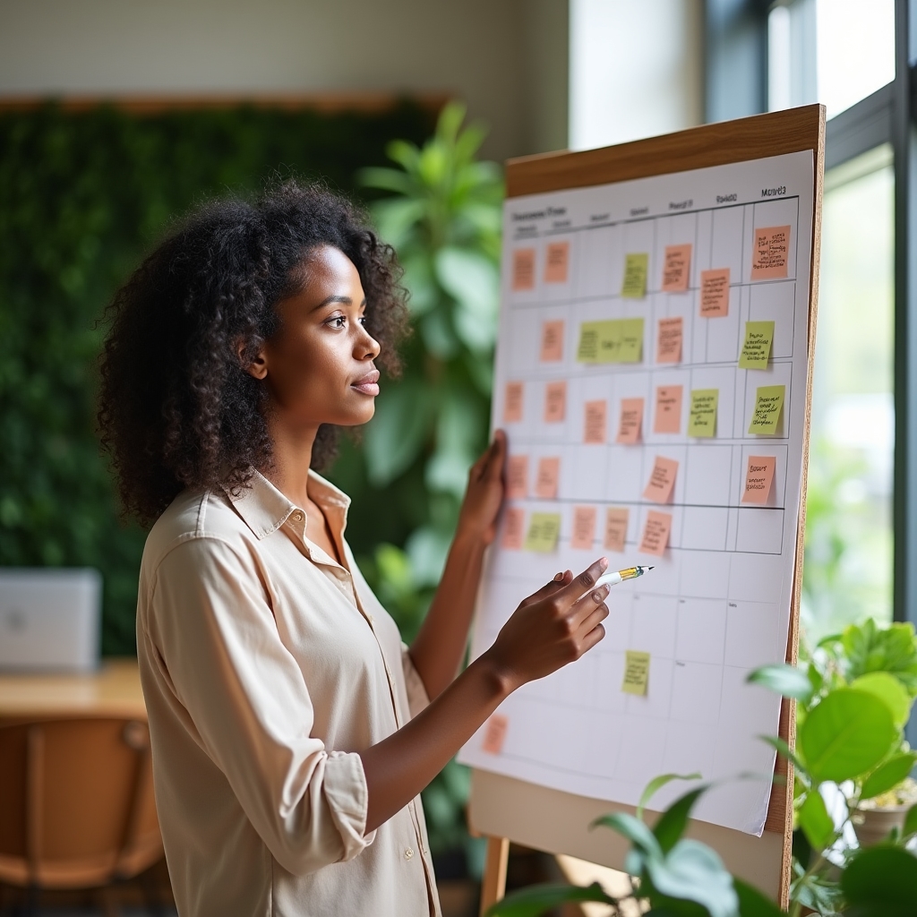 Person in business attire planning a monthly session calendar on a paper wall planner with sticky notes in a bright office with plants